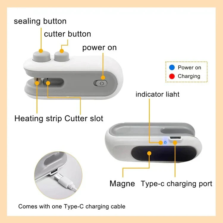 Portable Mini Sealing Machine 2 in 1 USB Rechargeable Magnetic Bag Sealer Heat Seal with Cutter