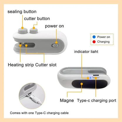 Portable Mini Sealing Machine 2 in 1 USB Rechargeable Magnetic Bag Sealer Heat Seal with Cutter